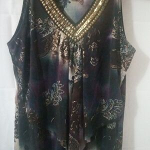 Dressbarn Women's Large Multicolor Paisley Sleeveless Blouse Gold Sequin V-Neck